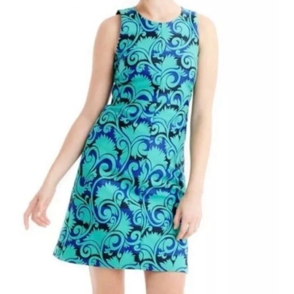 J Crew Navy Aqua Vineyard A line Jacquard Damask Print Dress EUC* Size 2 #823